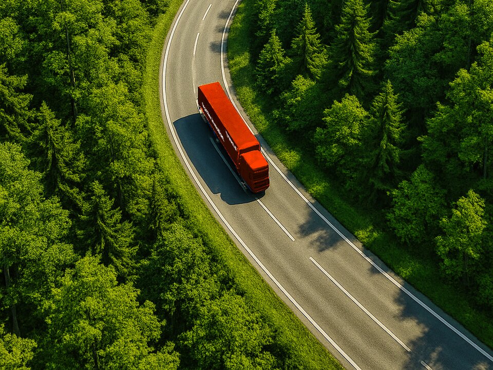 Lkw auf Landstraße durch Wald. 