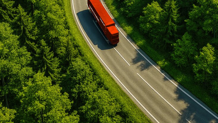 Lkw auf Landstraße durch Wald. 