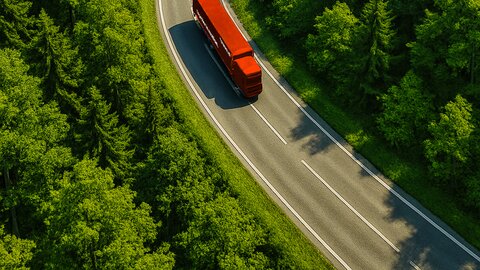 Lkw auf Landstraße durch Wald. 